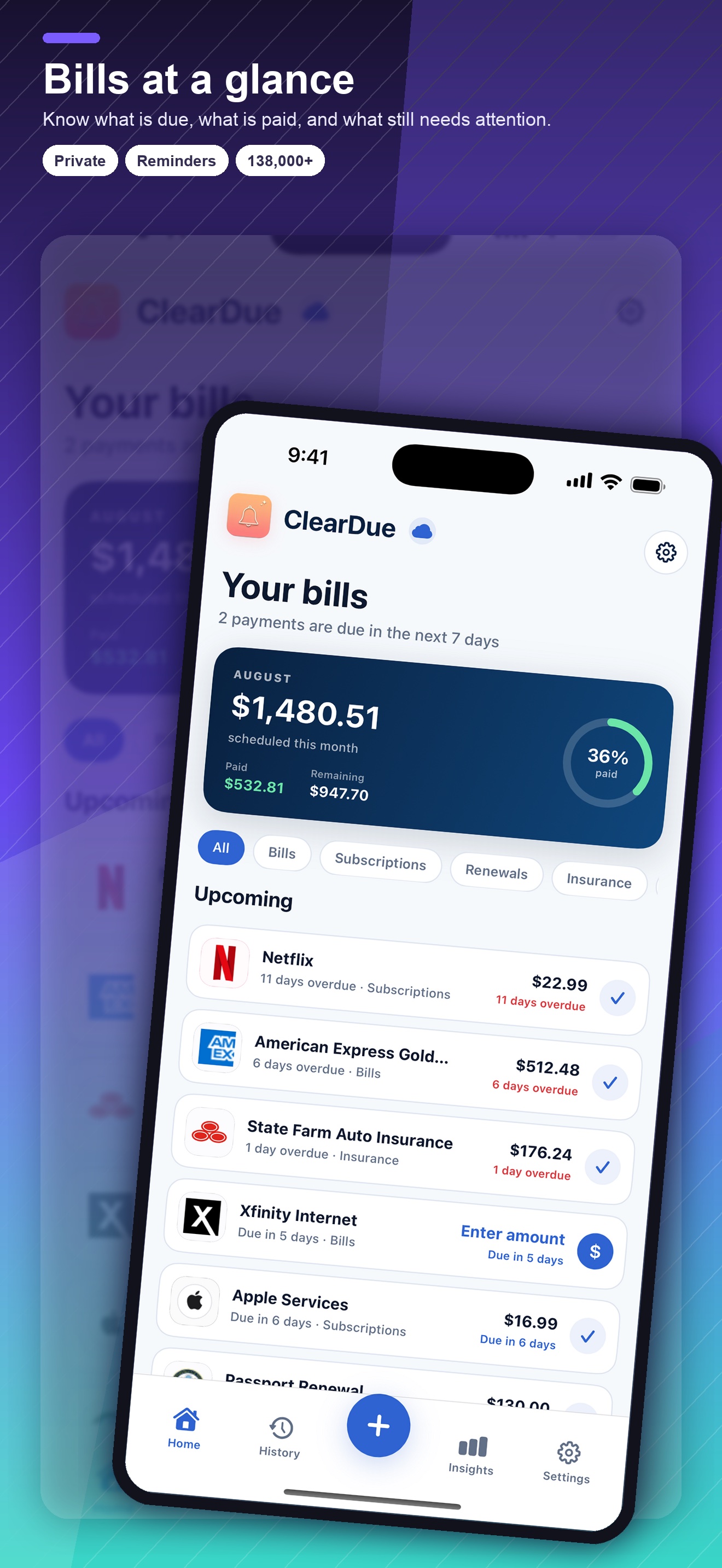 ClearDue Bill Tracker upcoming bills dashboard