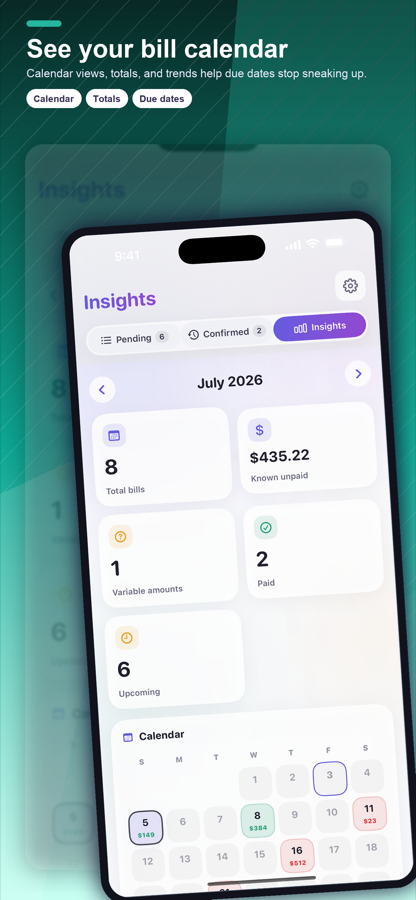 ClearDue Tracker calendar insights showing upcoming bills and subscription due dates