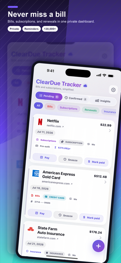 ClearDue Tracker iPhone dashboard showing upcoming bills and subscription reminders