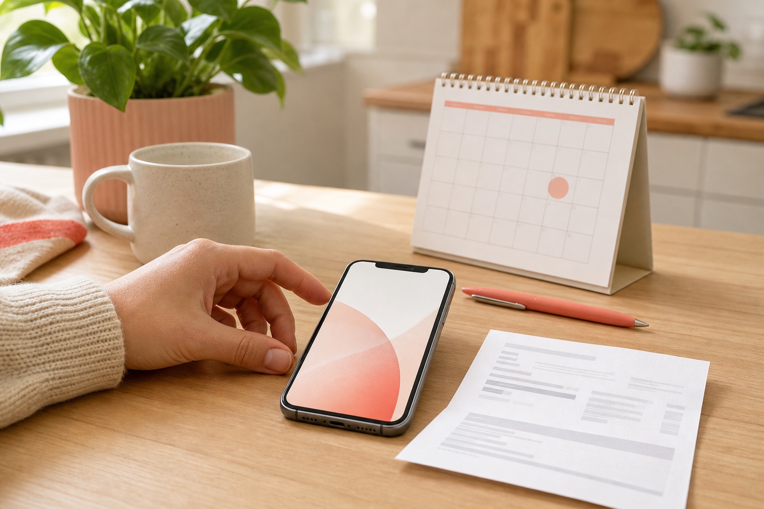 An iPhone, paper bill, and calendar arranged for private bill tracking at home